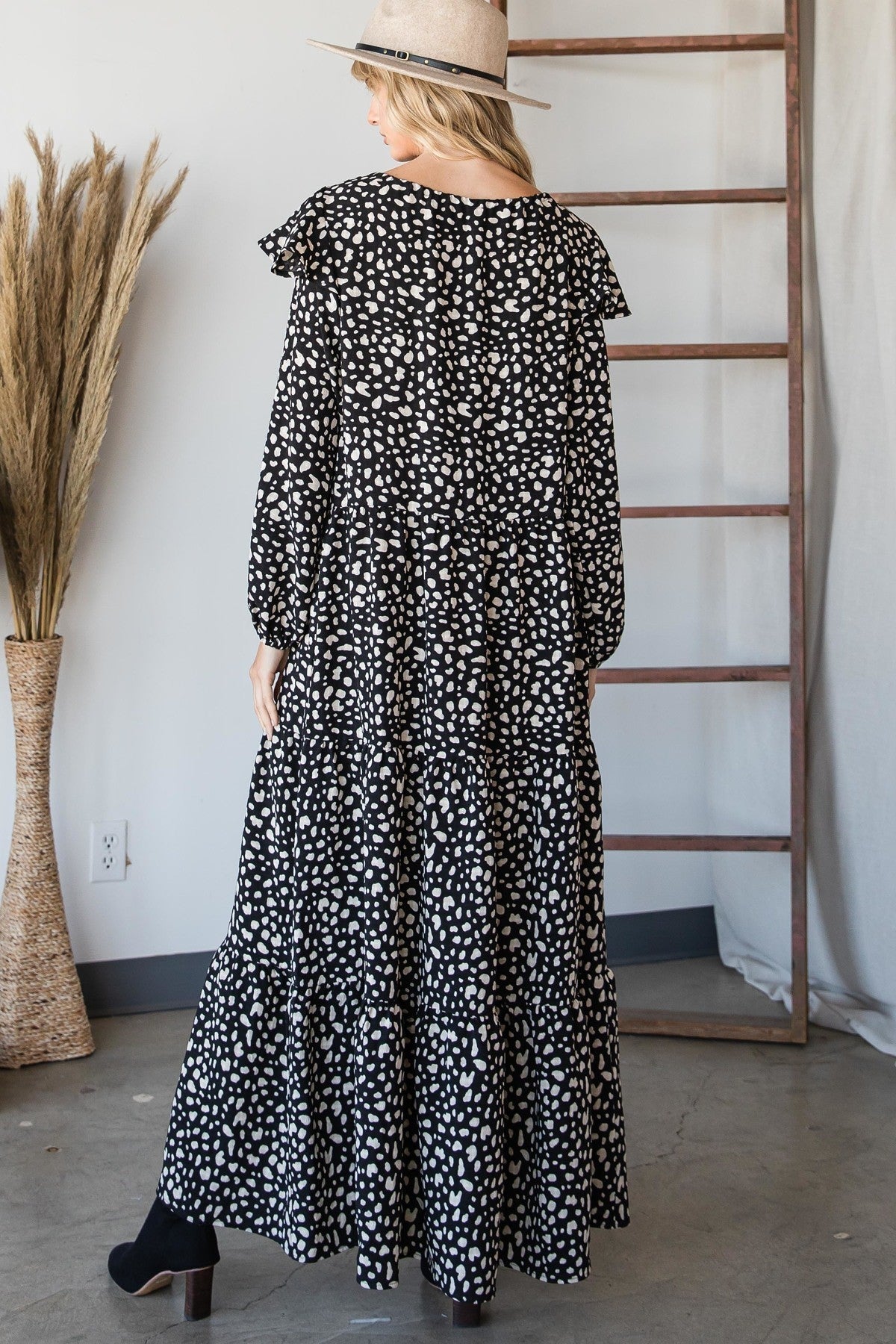 Bohemian Maxi Dress Black Beige Print-Large