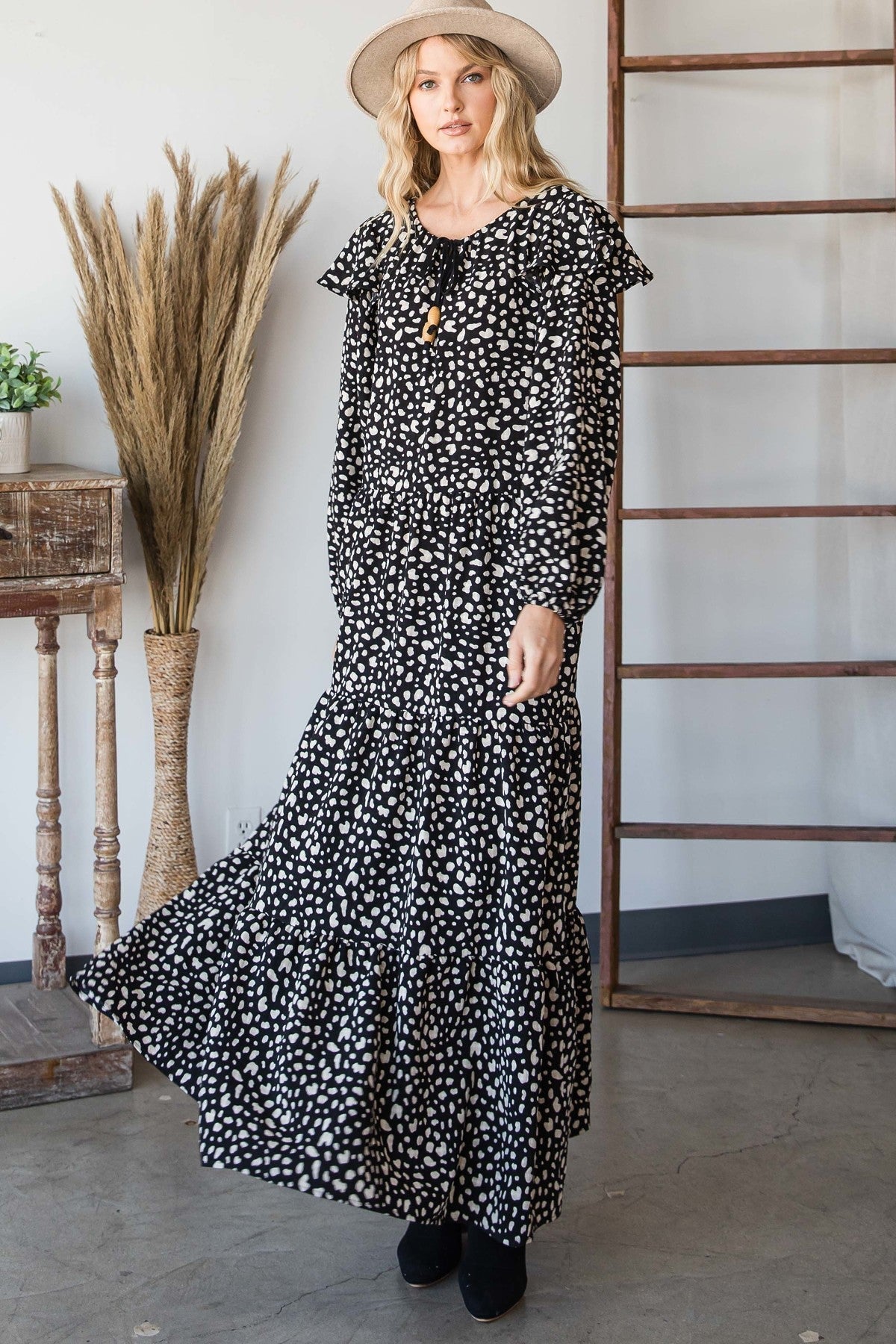 Bohemian Maxi Dress Black Beige Print-Large