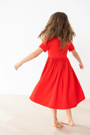 Red Short Sleeve Pocket Twirl Dress
