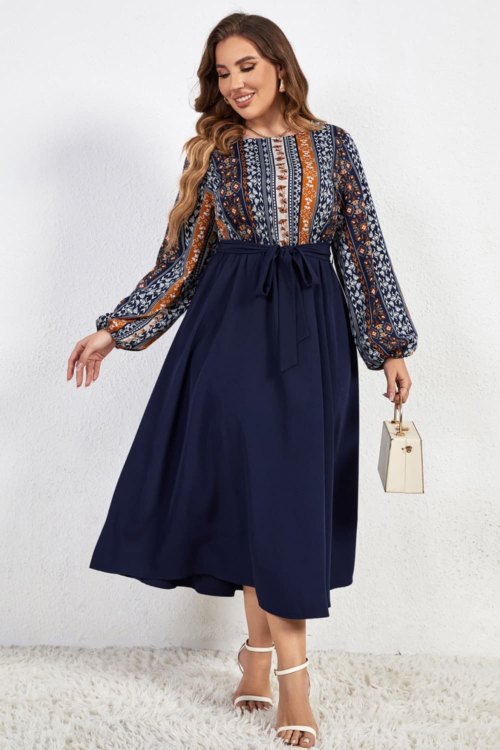 Plus Size Printed Tie Belt Boat Neck Midi Dress Navy-2XL