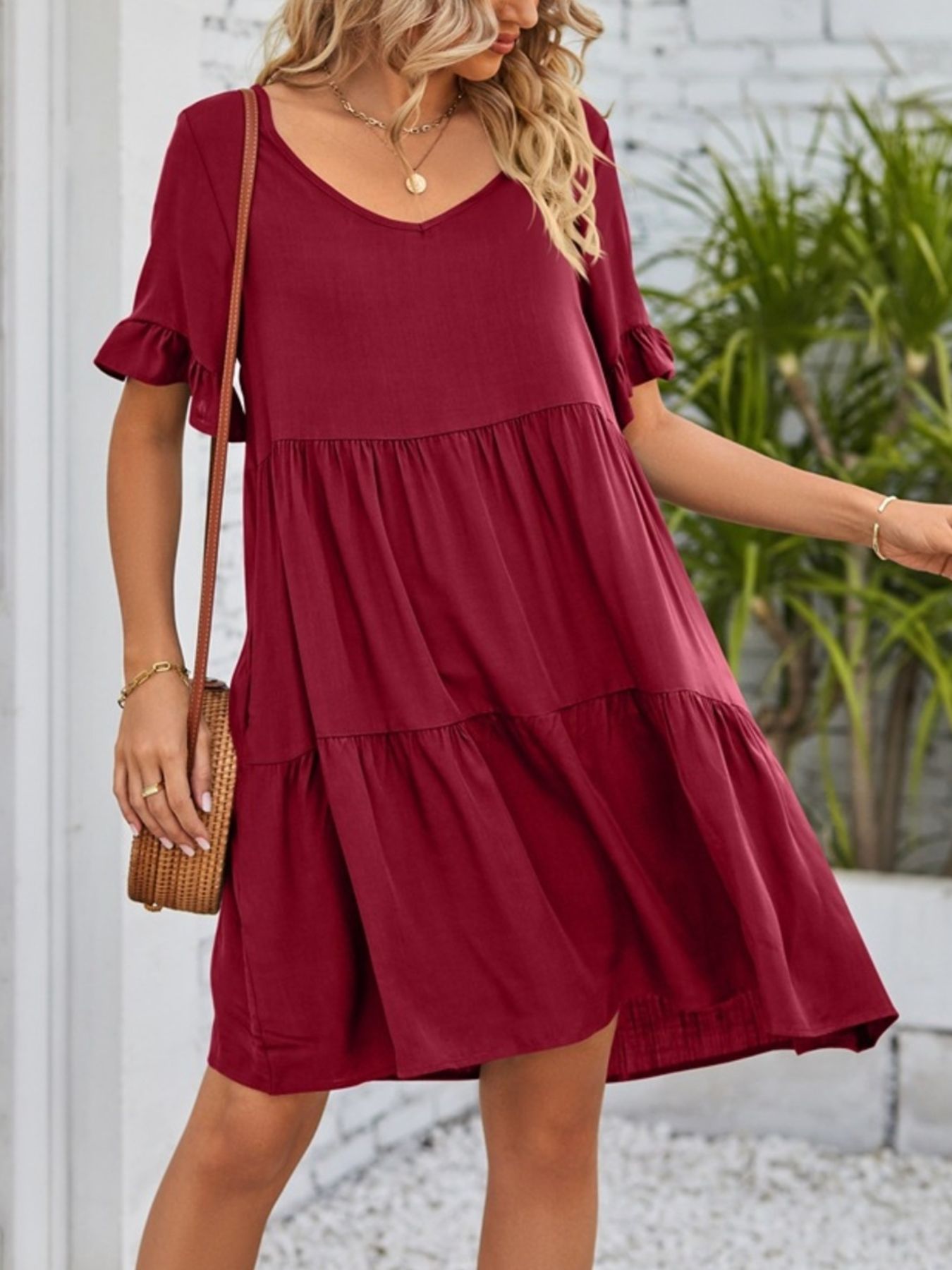 Ruffled Sleeve Tiered Mini Dress – Modest Apparel USA