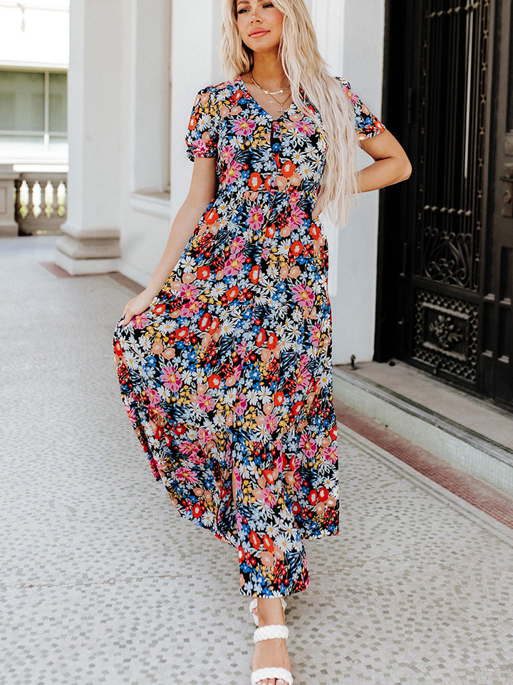 Printed V-Neck Short Sleeve Maxi Dress-Medium