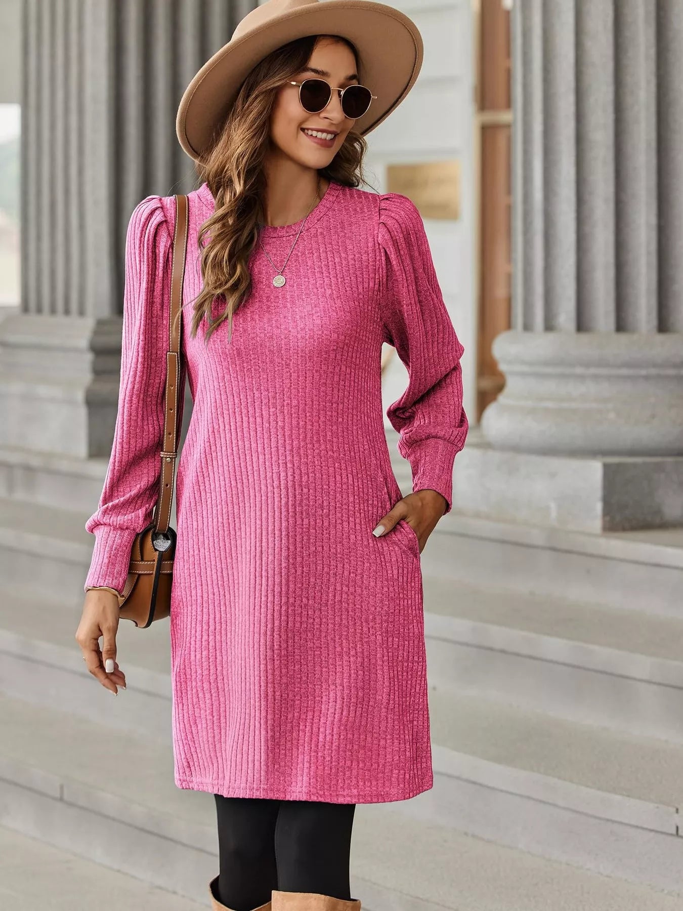 Ribbed Knit Puff Sleeve Casual Mini Dress – Modest Apparel USA