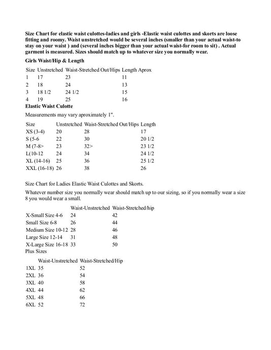 Inverted Box Pleat Culottes Adult sizes (Athletic)