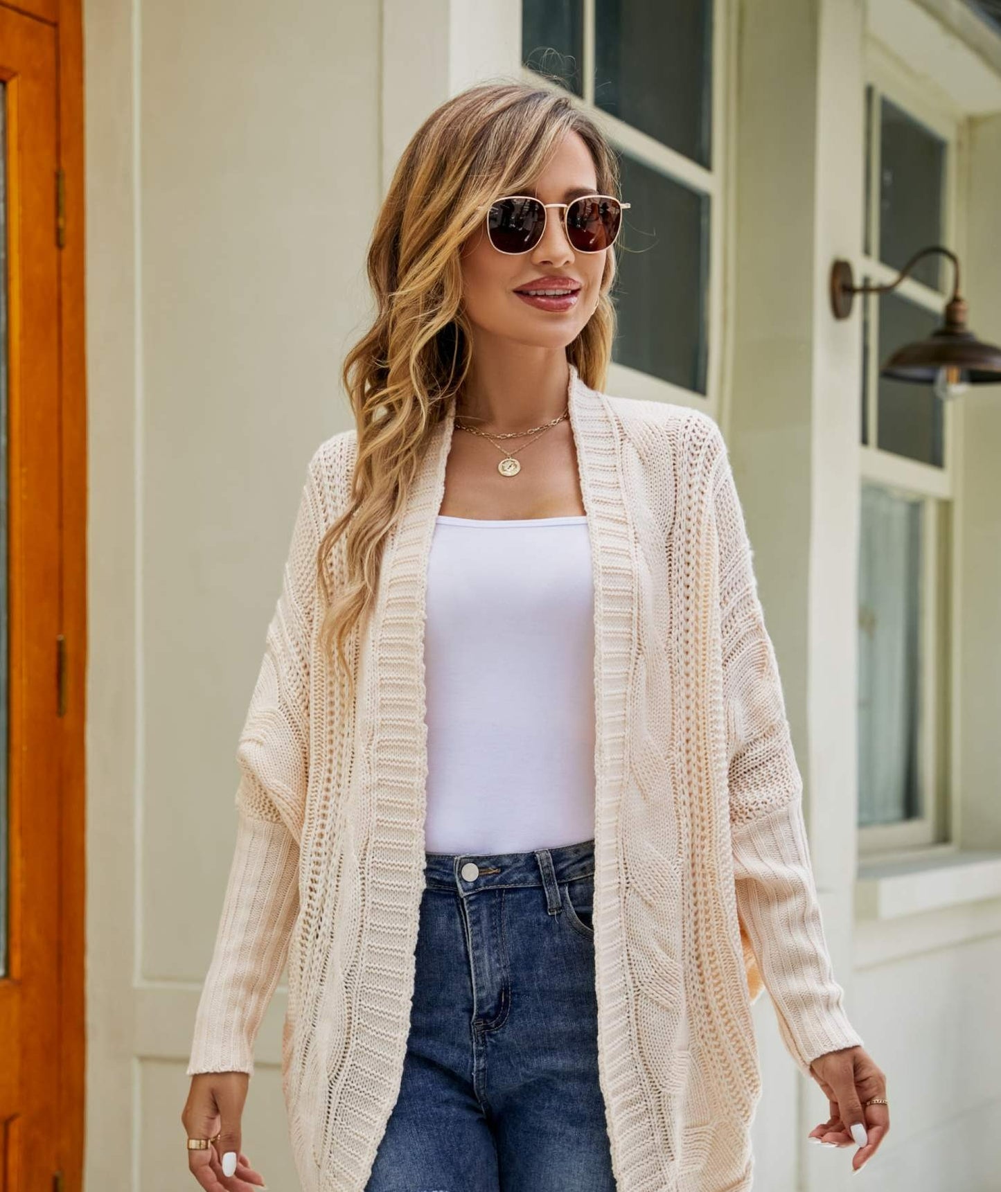 Mixed Knit Open Front Dolman Sleeve Cardigan