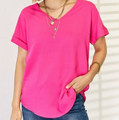 Zenana V-Neck Rolled Short Sleeve T-Shir Pink