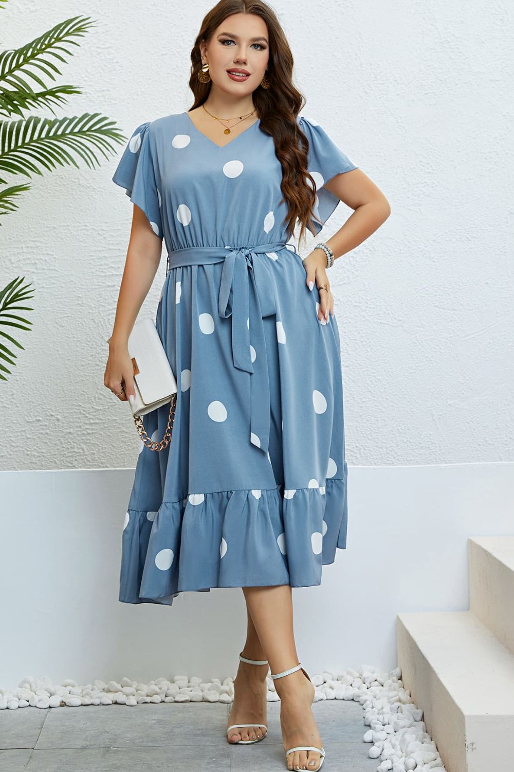 Plus Size Blue Polka Dot Belted Flutter Sleeve Ruffle Hem Dress