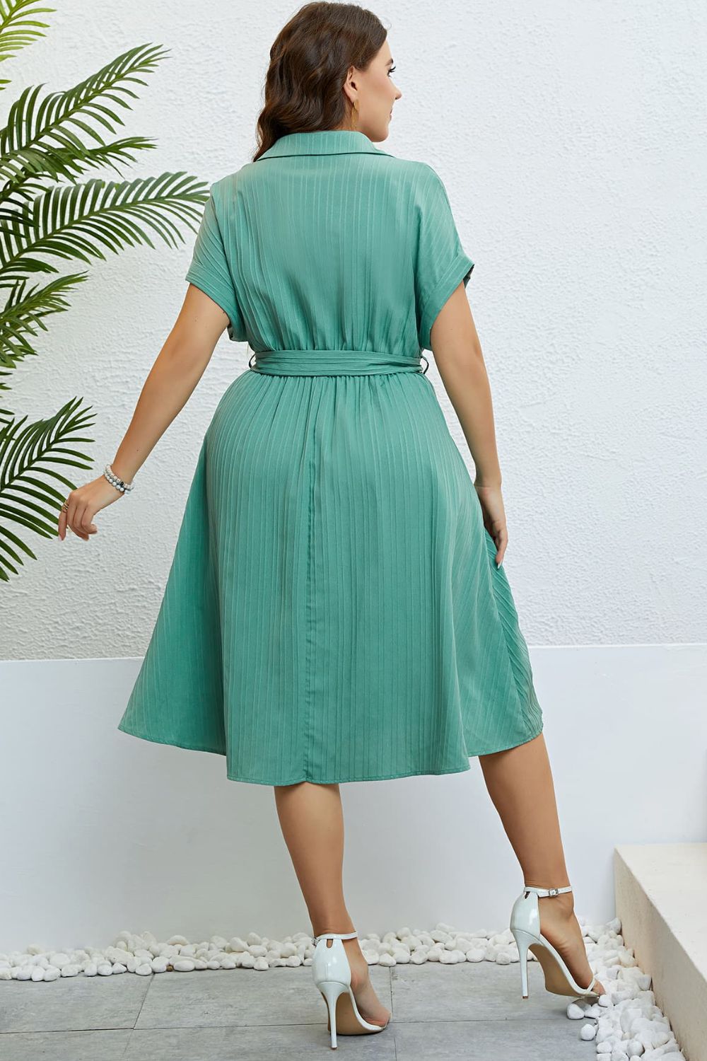 Plus Size turquois Buttoned Tie-Waist Shirt Dress