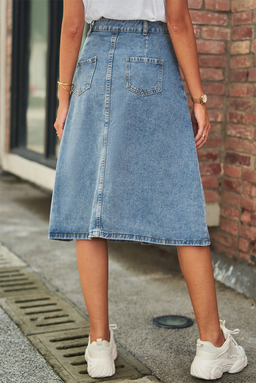 Button Front A-Line Denim Skirt-Back