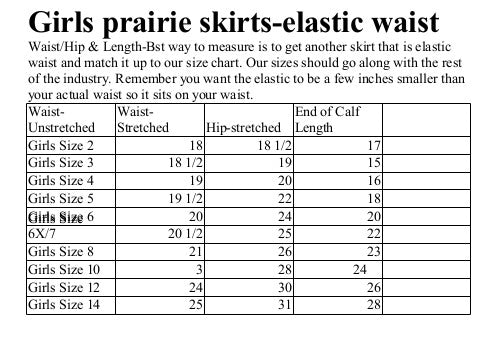 girls size chart for prairie skirts