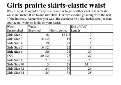 girls size chart for prairie skirts