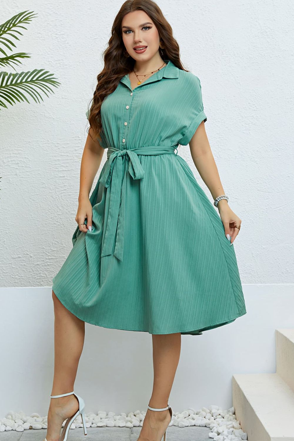 Plus Size turquois Buttoned Tie-Waist Shirt Dress