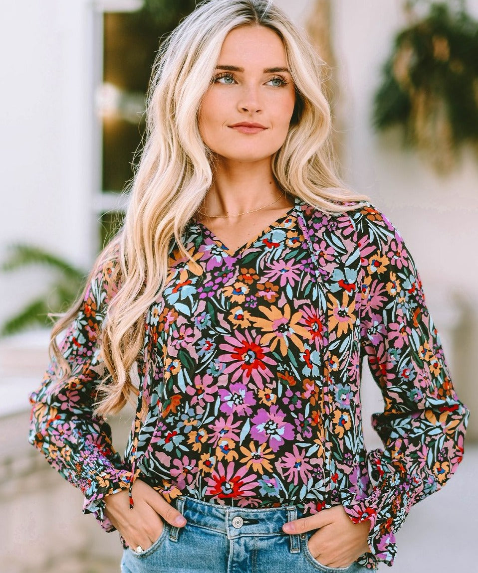 Floral Tie Neck Flounce Sleeve Blouse