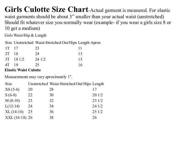 size chart for girls elastic waist culottes