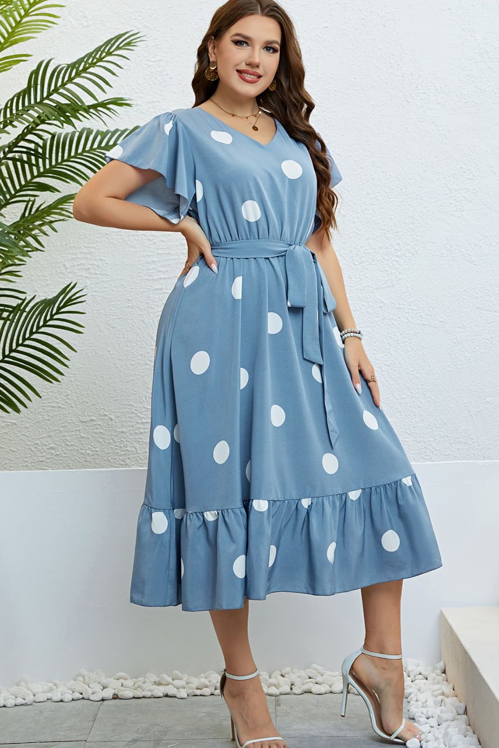 Plus Size Blue Polka Dot Belted Flutter Sleeve Ruffle Hem Dress