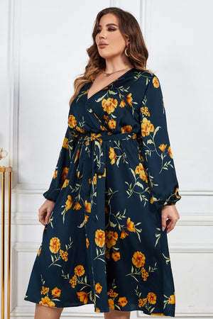 Plus Size Floral Print Surplice Neck Midi Dress -Navy yellow -2XL
