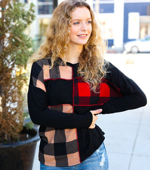 Run With It Red & Fawn Plaid Color block Outseam Top