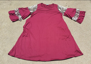 Plus Size Ruffle 3/4 Sleeve Burgundy Animal Print 1XL