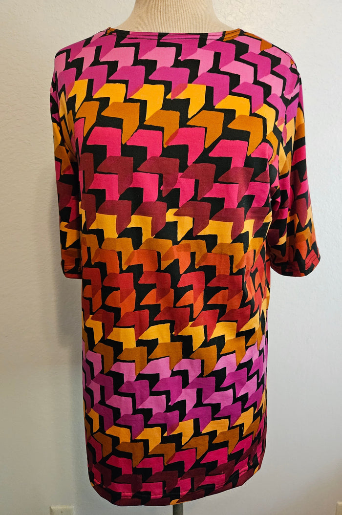 Elbow Length Fucia Red Orange Brown Zig Zag Tunic Top by Modest Apparel USA-MEDIUM