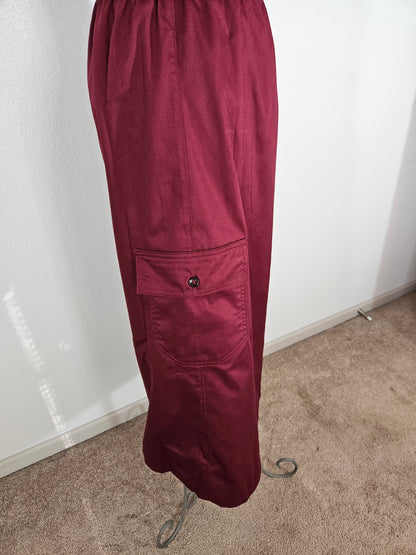 Elastic Waist A-Line Twill Cargo Skirt Cranberry Wine Twill Size Medium Ankle Length
