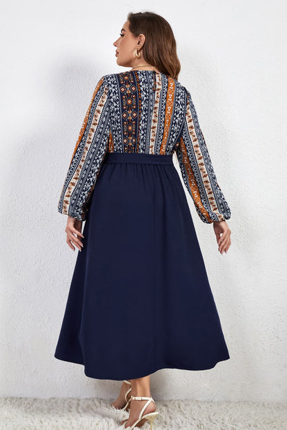 Plus Size Printed Tie Belt Boat Neck Midi Dress Navy-2XL