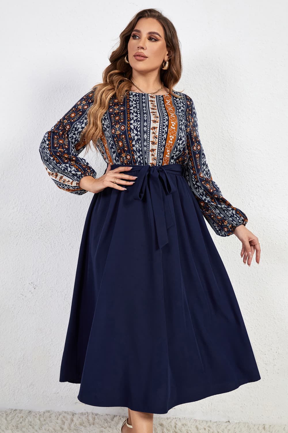 Plus Size Printed Tie Belt Boat Neck Midi Dress Navy-2XL