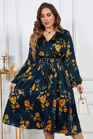 Plus Size Floral Print Surplice Neck Midi Dress -Navy yellow -2XL
