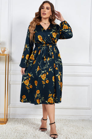 Plus Size Floral Print Surplice Neck Midi Dress -Navy yellow -2XL