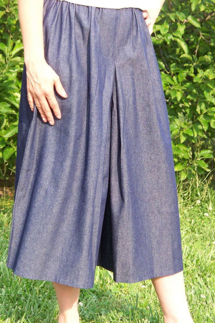 Culottes Split Skirt -Elastic waist inverted box pleat XL Dark Denim