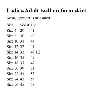size chart for long twill skirt 