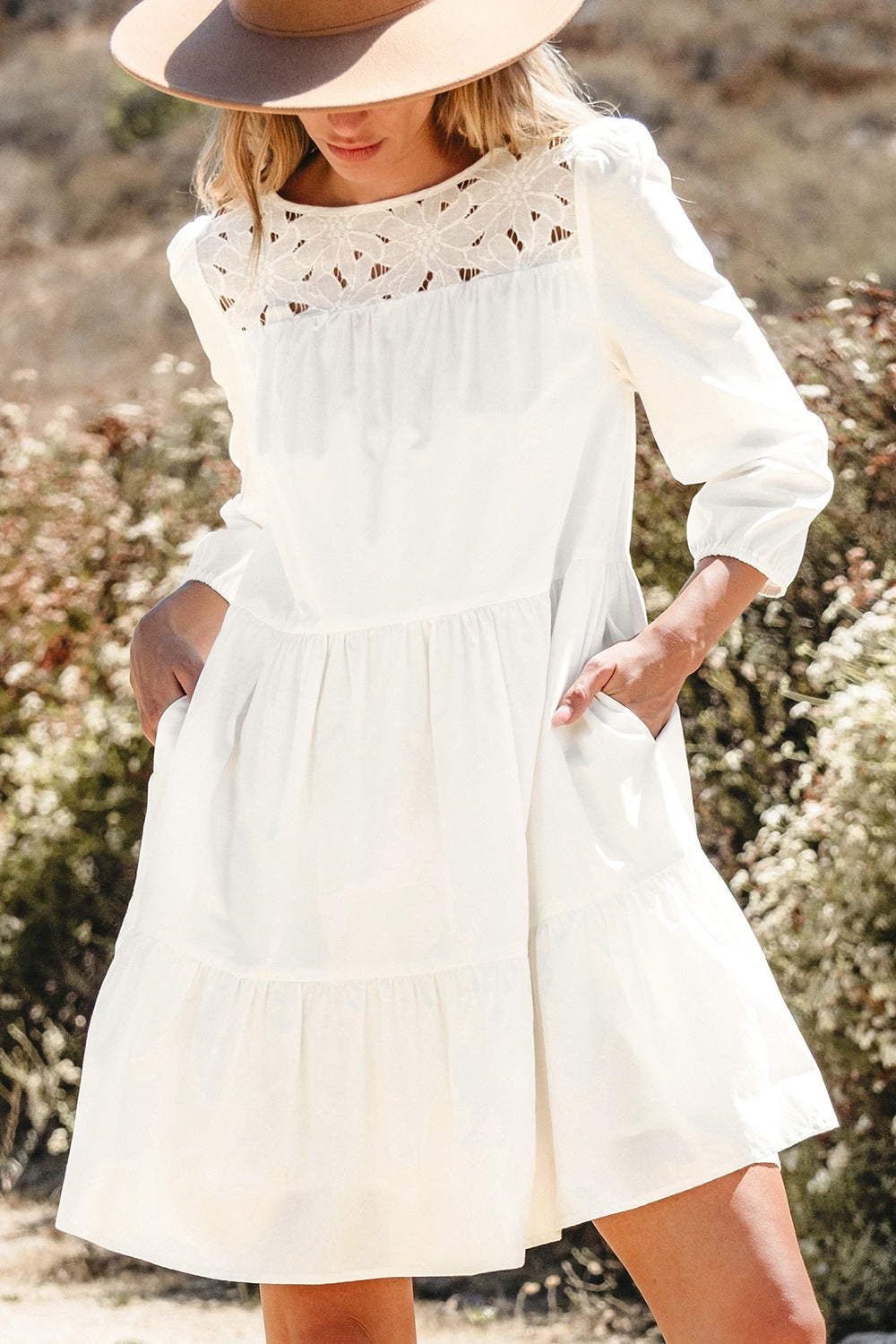 3/4 Sleeve Tiered Mini Dress - White / L 3/4 Sleeve Tiered Mini Dress - White / L