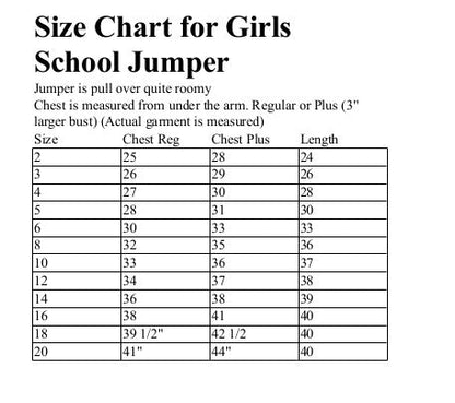 modest school uniform jumper size chart