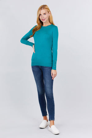 Crew Neck Sweater W/rivet Button Turquois-Large