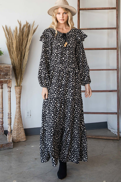Bohemian Maxi Dress Black Beige Print-Large