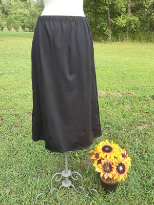 Elastic Waist A-line Knit Skirt No Slit- Black Ponti Knit -Medium Calf Length