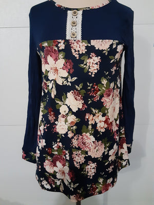 Long Sleeve Top Navy Pink Floral Small