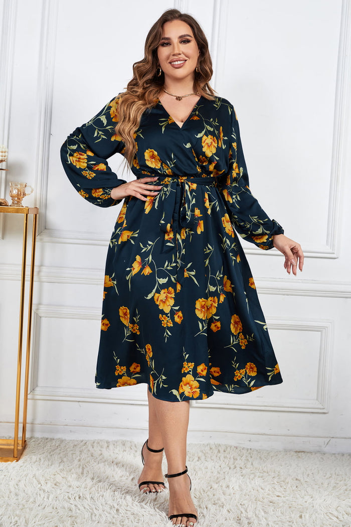 Plus Size Floral Print Surplice Neck Midi Dress -Navy yellow -2XL