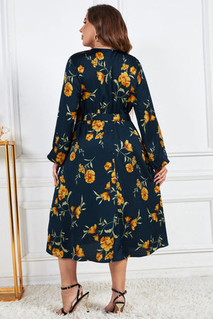Plus Size Floral Print Surplice Neck Midi Dress -Navy yellow -2XL