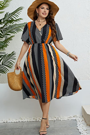 Plus Size Mixed Print Striped Flutter Sleeve Dress-2XL