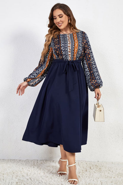 Plus Size Printed Tie Belt Boat Neck Midi Dress Navy-2XL