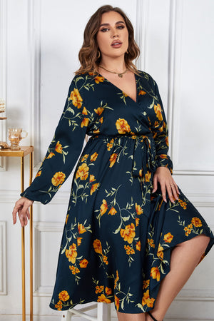 Plus Size Floral Print Surplice Neck Midi Dress -Navy yellow -2XL