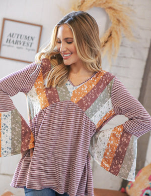 Burgundy Floral Stripe Two Tone Bell Sleeve Boho Knit Top