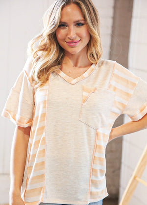 Peach/Tan Terry V Neck Color Block Stripe Loose Fit Top- Large