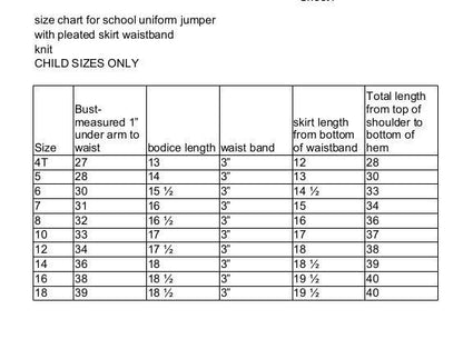 size chart for pleated uniform jumper knit