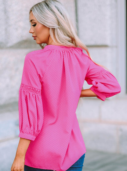 Polka Dot Three-Quarter Puff Sleeve Blouse in Magenta Pink