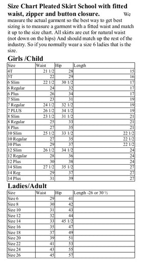 Size Chart Pleated uniform skirts