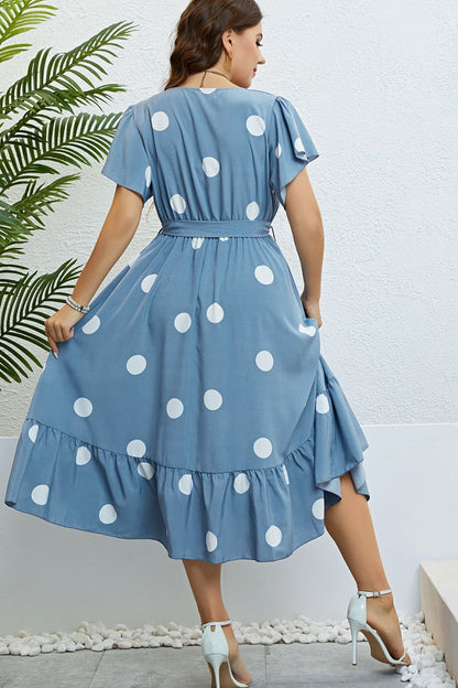 Plus Size Blue Polka Dot Belted Flutter Sleeve Ruffle Hem Dress