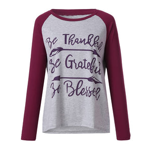 Women Fashion Top Be thankful, be grateful, be blessed grey with wine color long sleeves