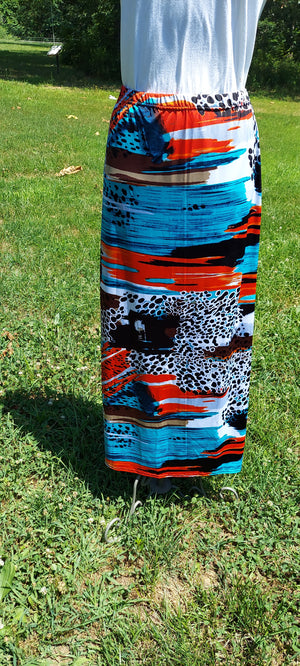 Orange blue and black Print Maxi Skirt-Large