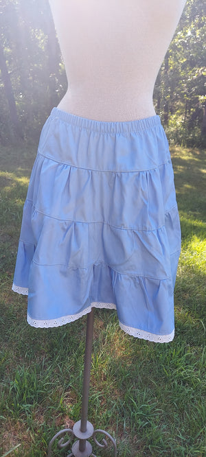 Girls Tiered Light Blue Twill with white eyelet lace Prairie Skirt- Child Size 14-20" length